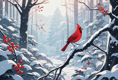 Primary subject: A red cardinal perched on a tree branch.

Setting/background: The cardinal is perched on a tree branch in a snowy forest.

Visual style: The image is a digital art illustration.

Colors and mood: The dominant colors are red for the cardinal and white for the snow. The overall atmosphere is serene and peaceful, with the bird sitting calmly in the snowy forest.